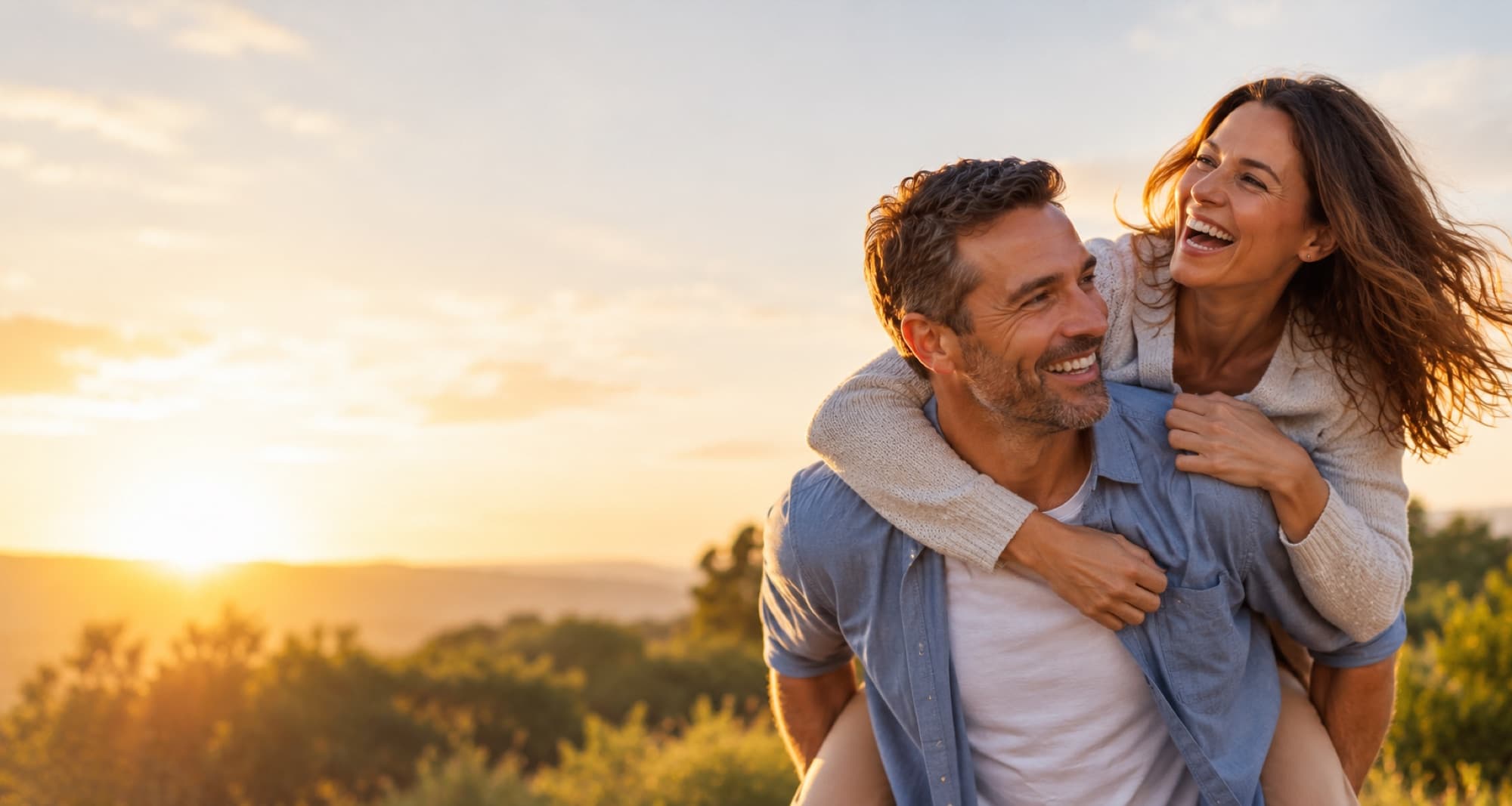 A happy couple embracing outdoors at sunset